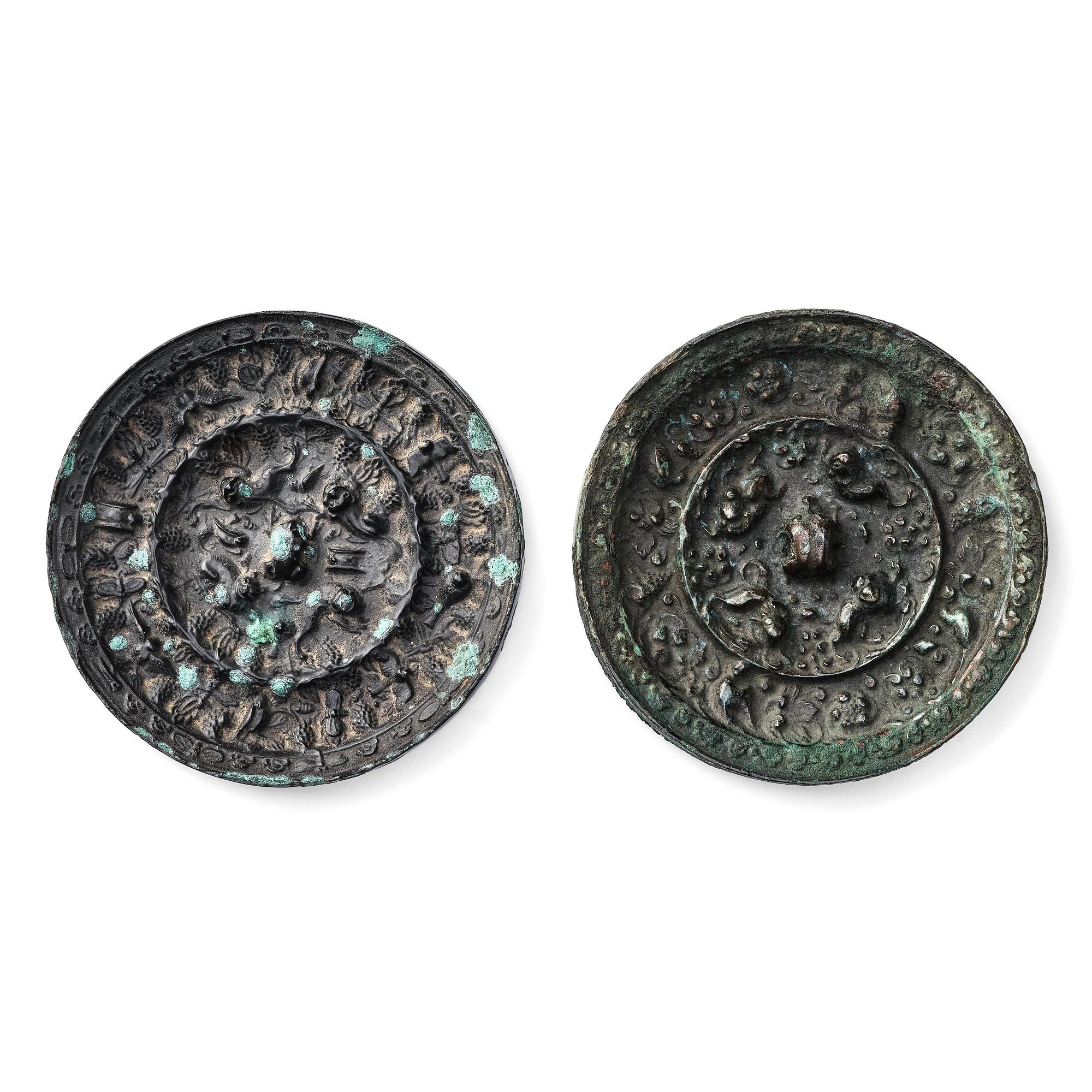 Two bronze mirrors with mythical animals, Tang dynasty (618–907).