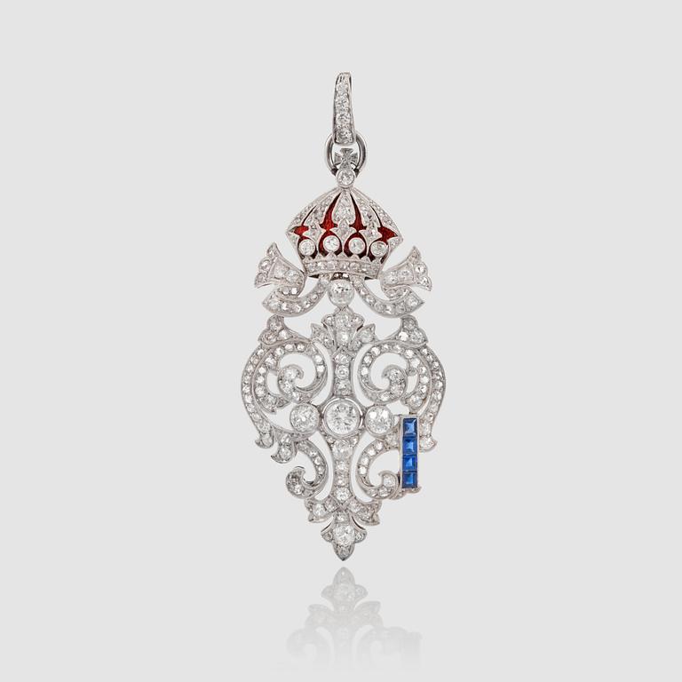 A brilliant-cut diamond, enamel and sapphire pendant. Circa 1930's.