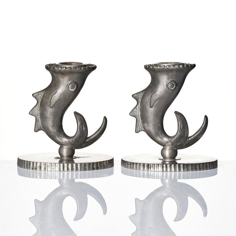 Carl Milles, a rare pair of pewter candlesticks and an inkstand, Herman Bergman konstgjuteri, Stockholm 1927-29.