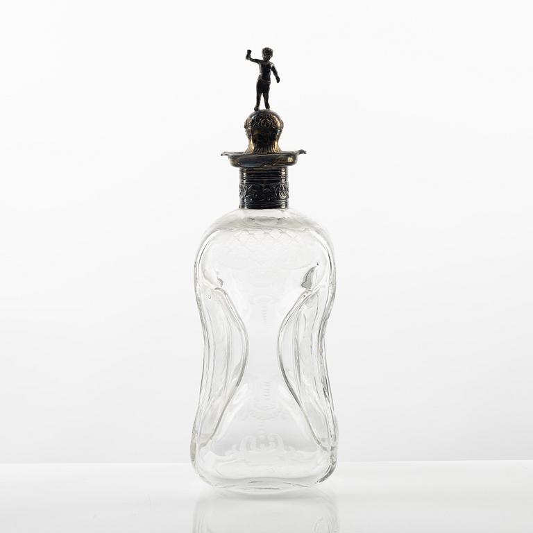 An etched glass and silver flask, later part of the 19th Century.