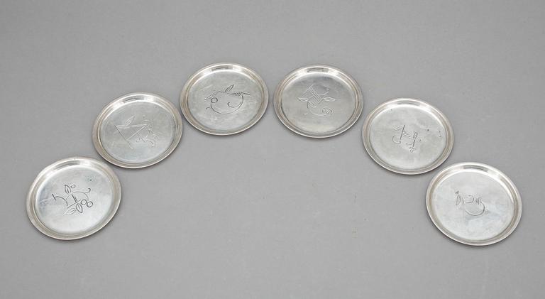 COASTERS, 6 st, silver, Tyskland 1930-tal. Total vikt ca 241 cm.