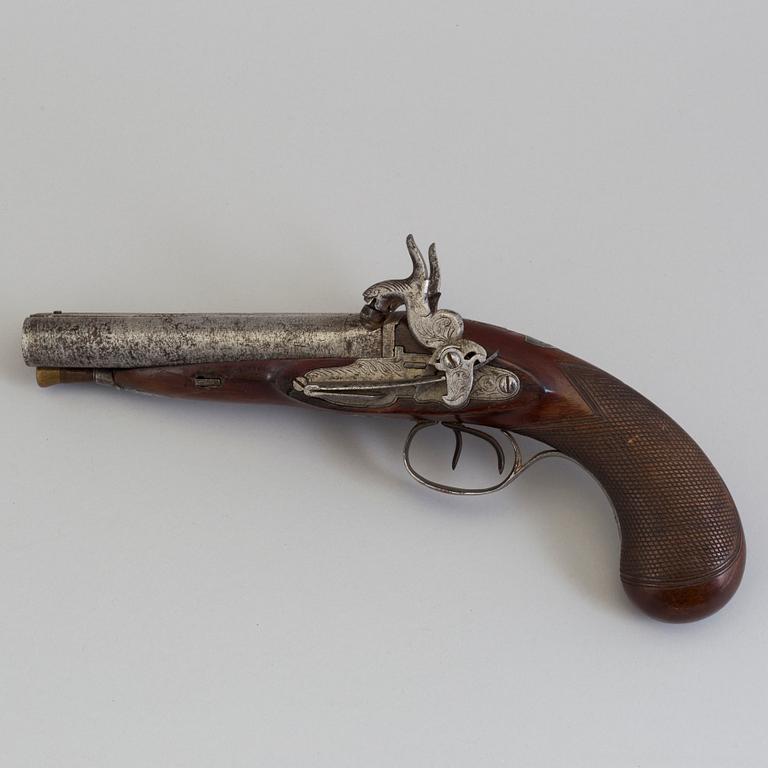 SNAPPLÅSPISTOL, dubbelpipig, otydlig signatur, 1800-tal.
