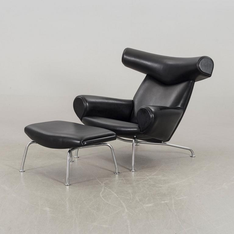 HANS J WEGNER, "Ox chair" lounge chair and stool.