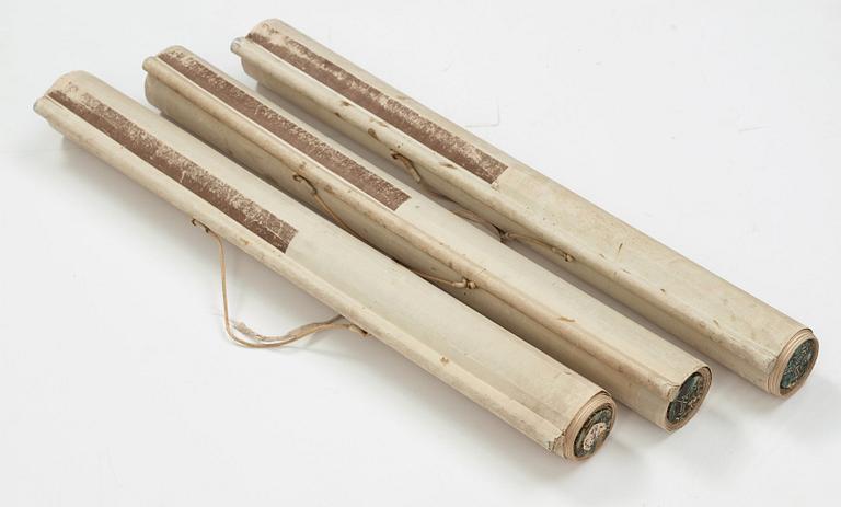 RULLMÅLNINGAR, tre stycken, tusch och färg på papper. Qingdynastin, 1800-tal.