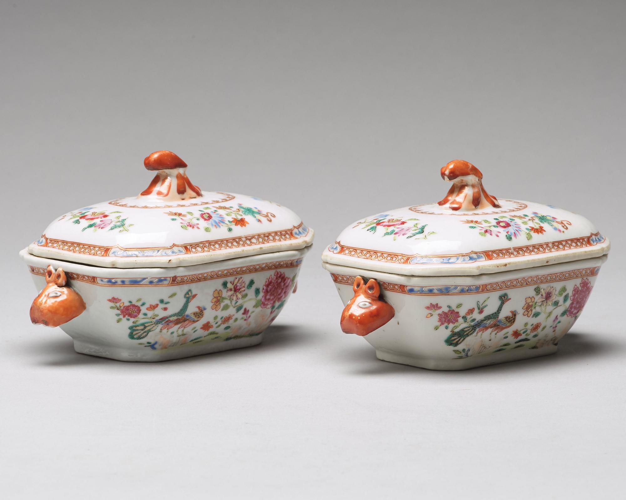 A pair of famille rose 'double peacock' butter tureens with covers and stands, Qing dynasty, Qianlong (1736-95).