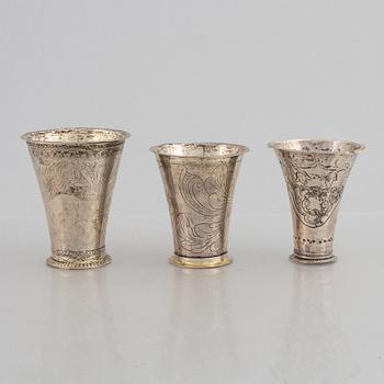 Bägare, 3 st, silver, bl a Sven Nyberg, Varberg 1769.