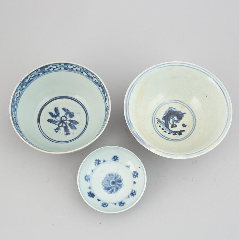 Three blue and white Ming dynasty (1368-1644) bowls.