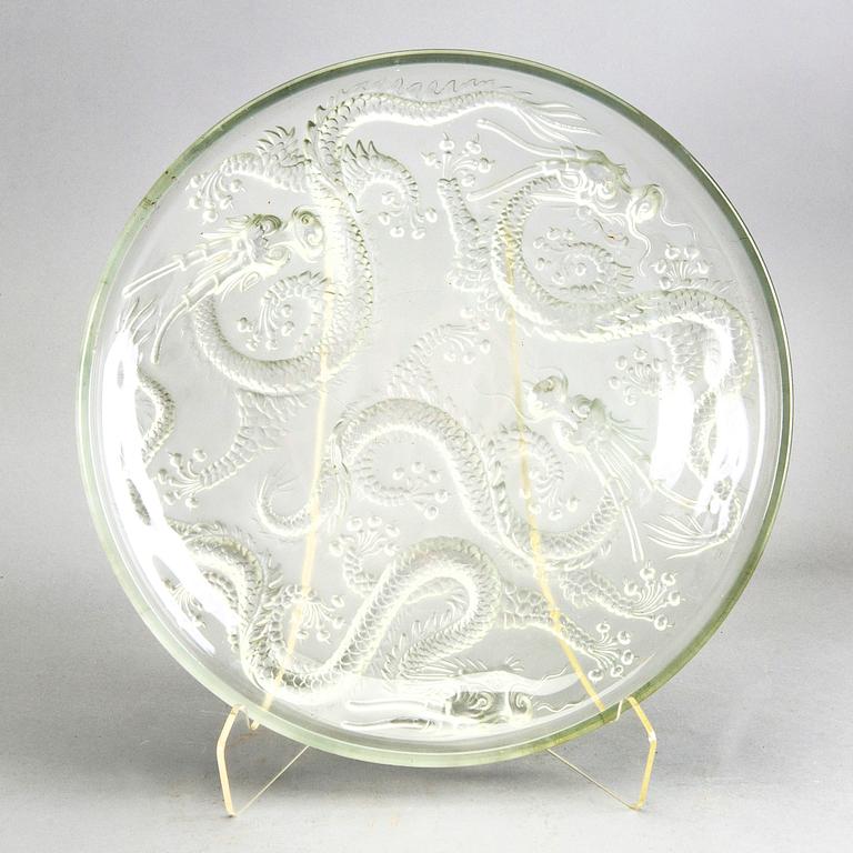 A unmarked Bohemian glass dish with a five clawed dragon, 20th Century.