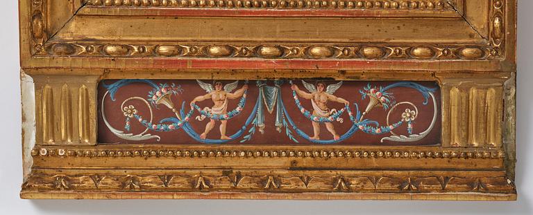 A pair of late Gustavian giltwood and gouache-inset mirrors, Stockholm, late 18th century.