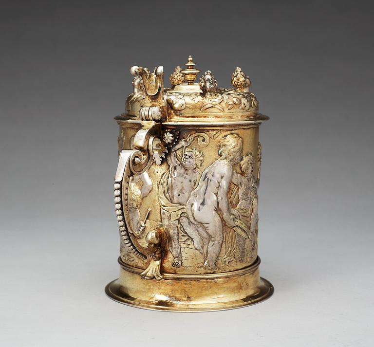 An important German 17th century parcel-gilt tankard, makers mark of Abraham Drentwett I, Augsburg 1645-1650.