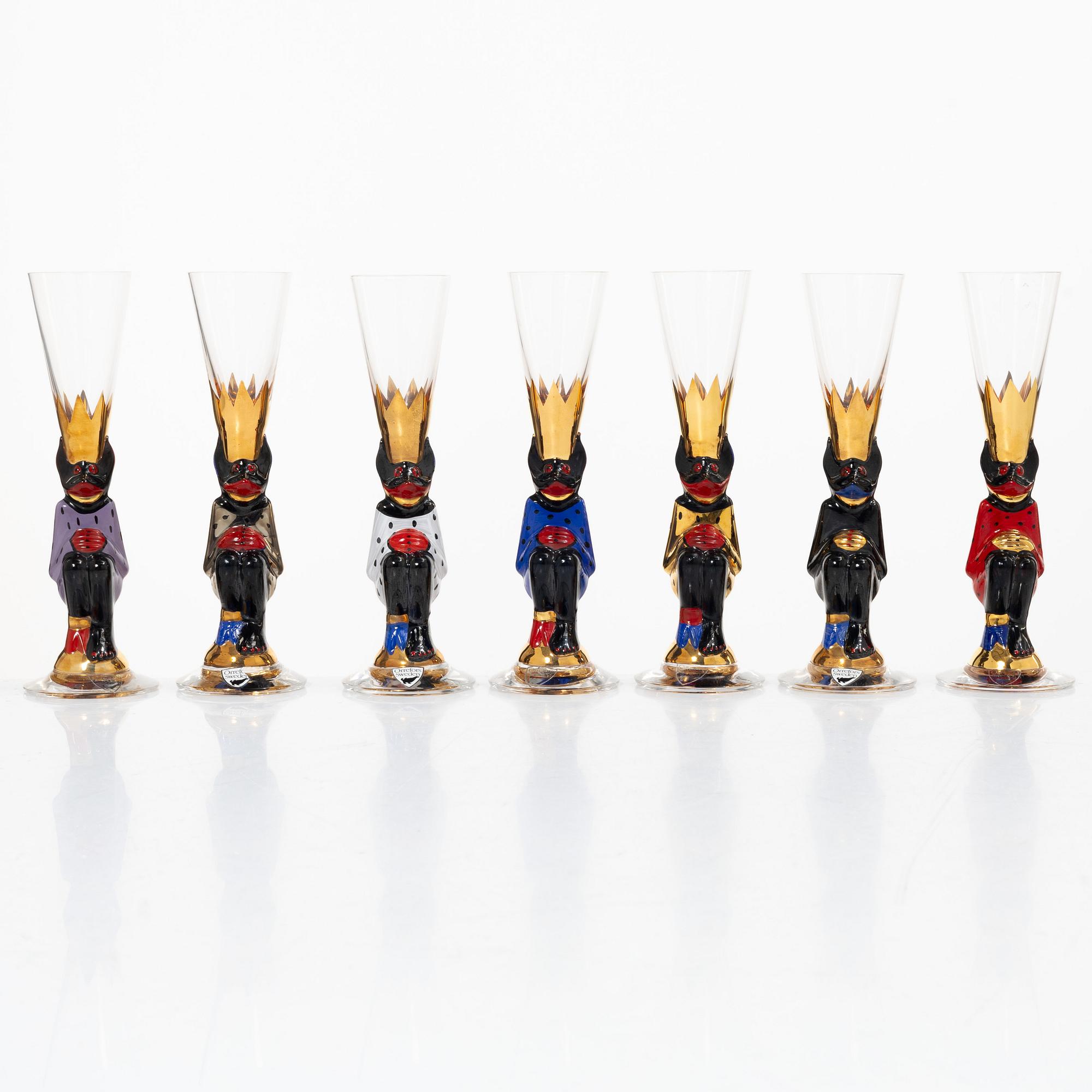 Gunnar Cyrén, Shot glasses/Devil glasses, 7 pcs, from the Nobel service, Orrefors.