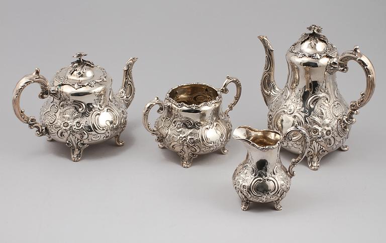 KAFFE- / TESERVIS, 4 delar, silver, möjligen James Aldridge, London, England, 1854, total vikt ca 2295 gram.