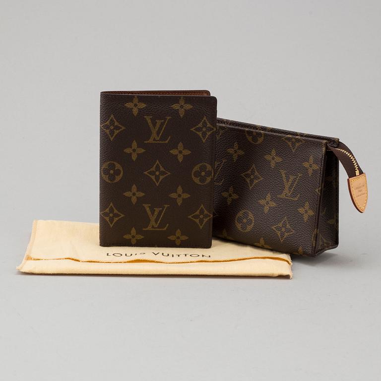 LOUIS VUITTON, "PASSPORT COVER" & "TOILETRY POUCH 15"  passport case and toiletbag.