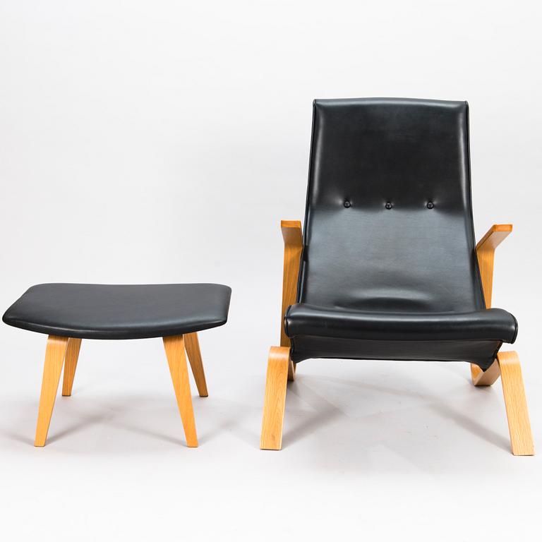 EERO SAARINEN, fåtölj samt fotpall, "Grasshopper", licenstillverkad av Tetrimäki Finland.