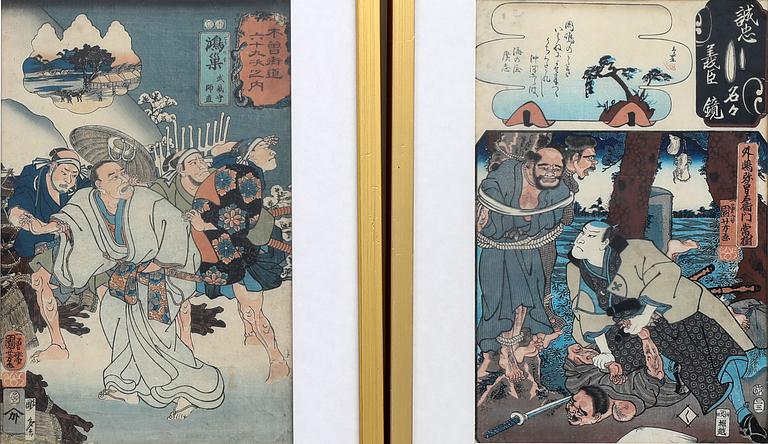Four woodcuts, Kunyoshi, after, and Yoshitora, after, Japan 19th century.