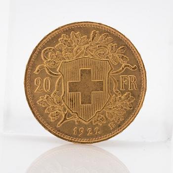 Gold coin Switzerland, 20 Franc, 1922.