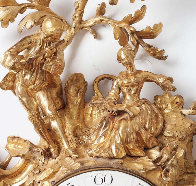 French Louis XV 1740's gilt bronze wall clock.