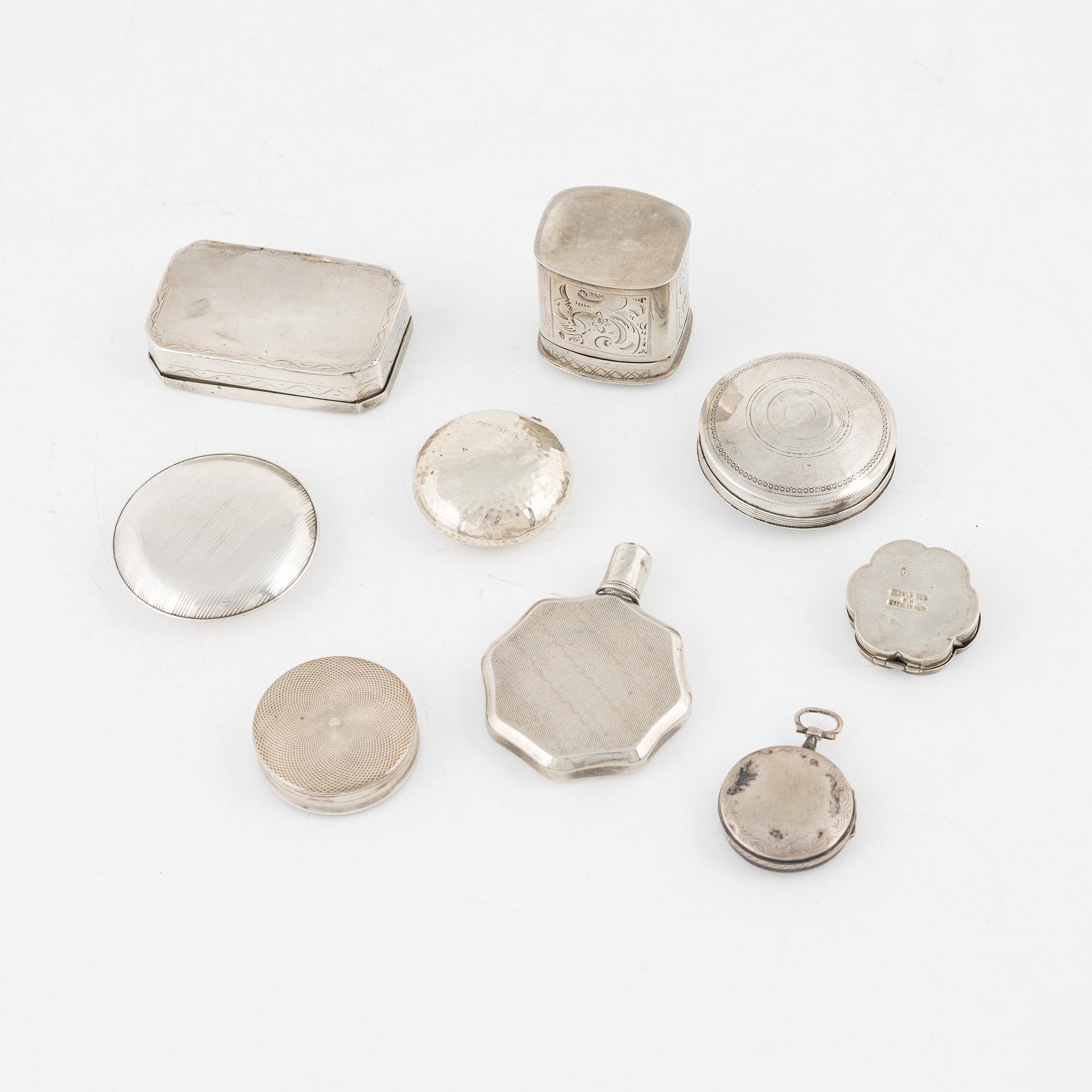 Nine Silver Boxes, 19-20th century.