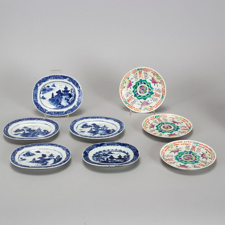 A group of blue and white and famille rose porcelain objects, Qing dynasty, Qianlong and late 19th century.