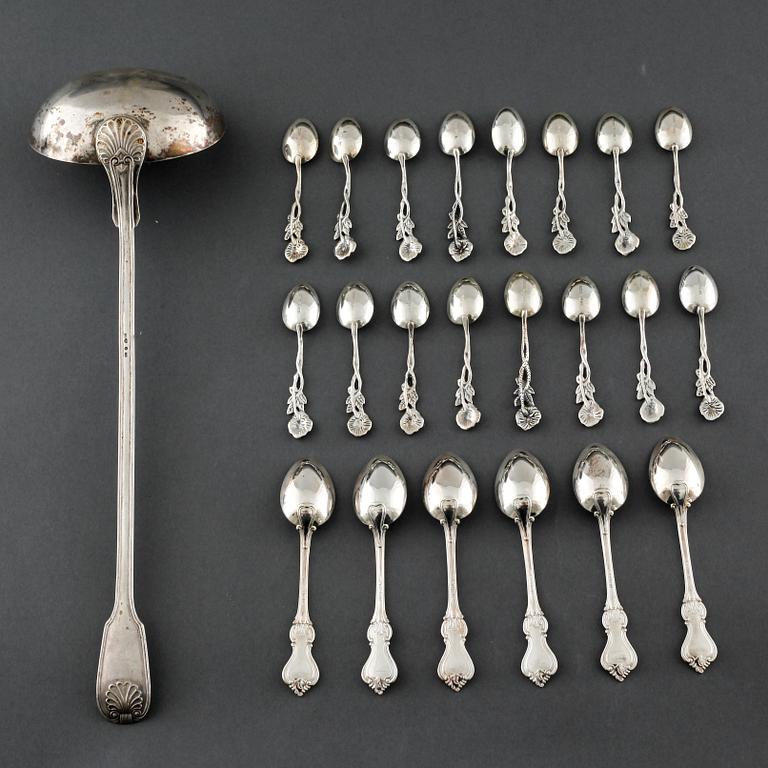 22 swedish silver spoons and one ladle, from the 19th and 20th century.