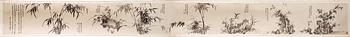 259. RULLMÅLNING med KALLIGRAFI, bambu och orkidéer, signerad Jie Wen, Qing Dynastin, troligen 1700-tal.