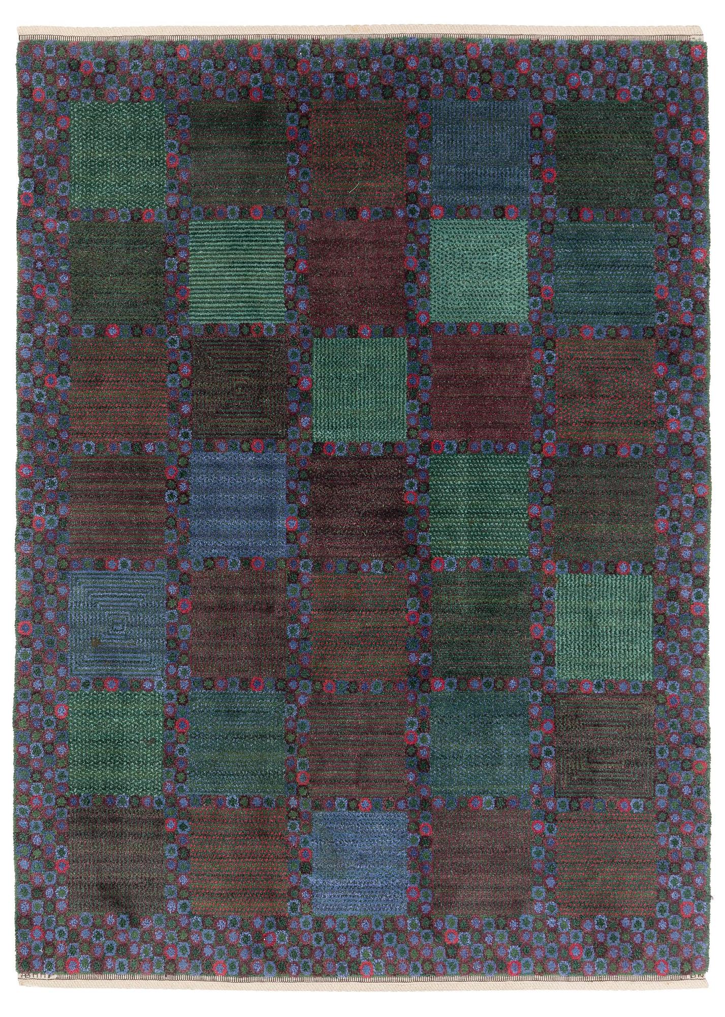 Barbro Nilsson, a 'Gröningen, mörk' carpet, knotted pile, c. 266 x 182 cm, signed AB MMF BN.