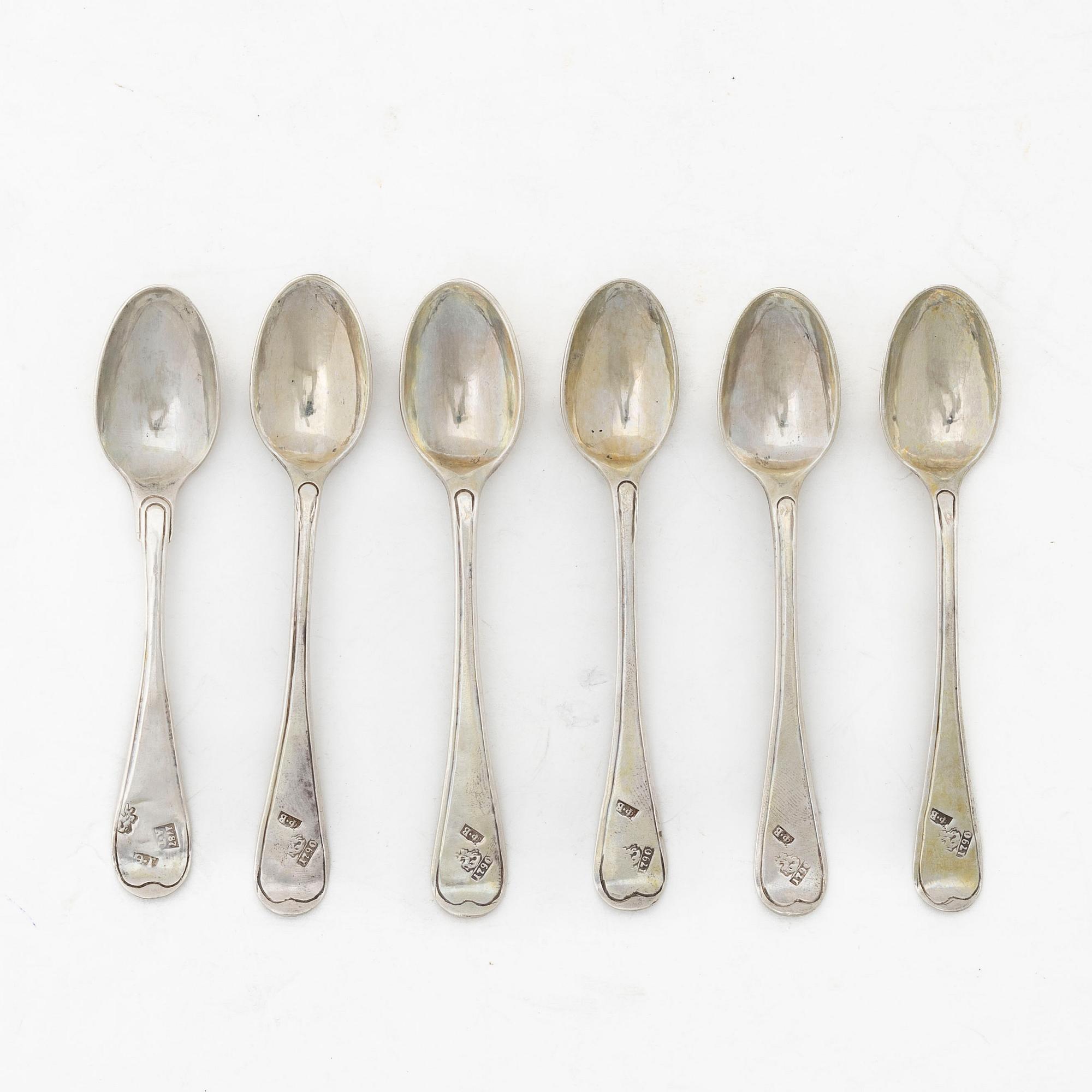 Six Russian silver spoons, Moscow 1787-1790.