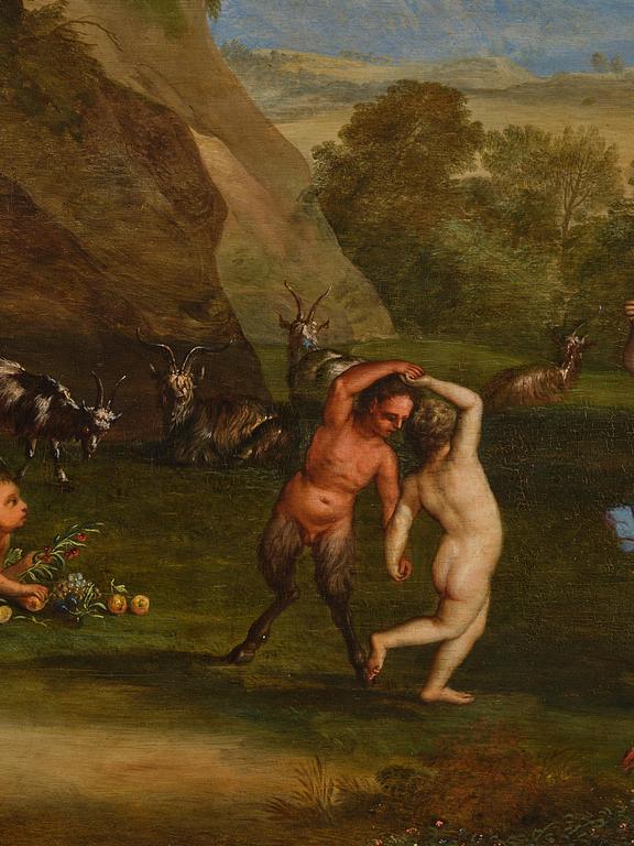Cornelis van Poelenburgh, tillskriven, Arkaiskt landskap med dansande nymfer och fauner.