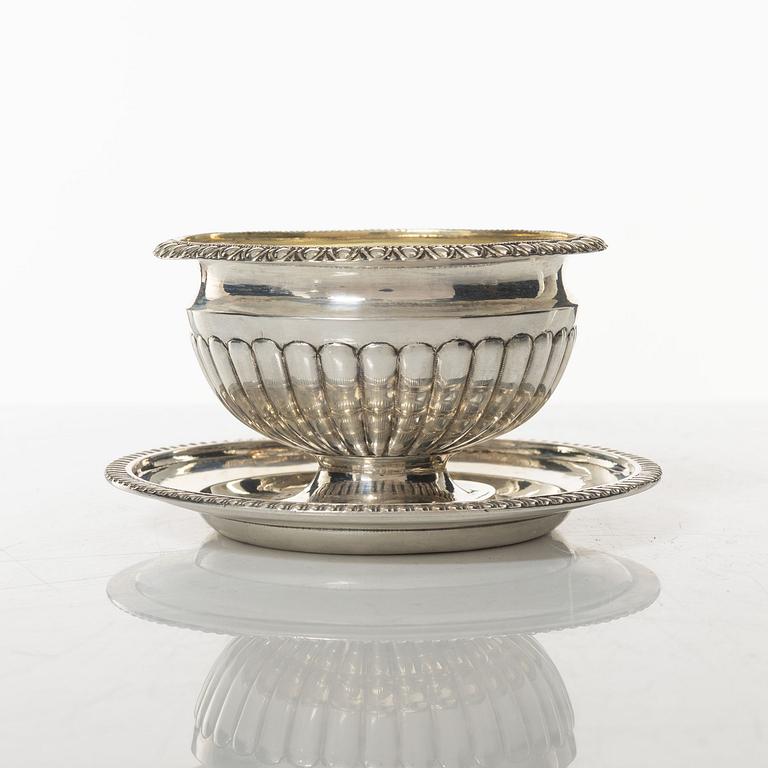 A set of three Swedish silver sauce ladles and a small sauce bowl, mark of Johan Petter Grönwall,  Stockholm 1824-37.