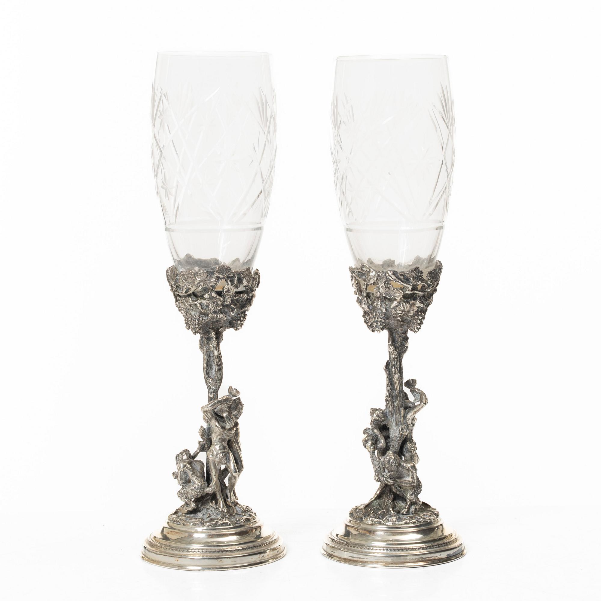 Champagne glasses, a pair, silver and glass, 20th century.