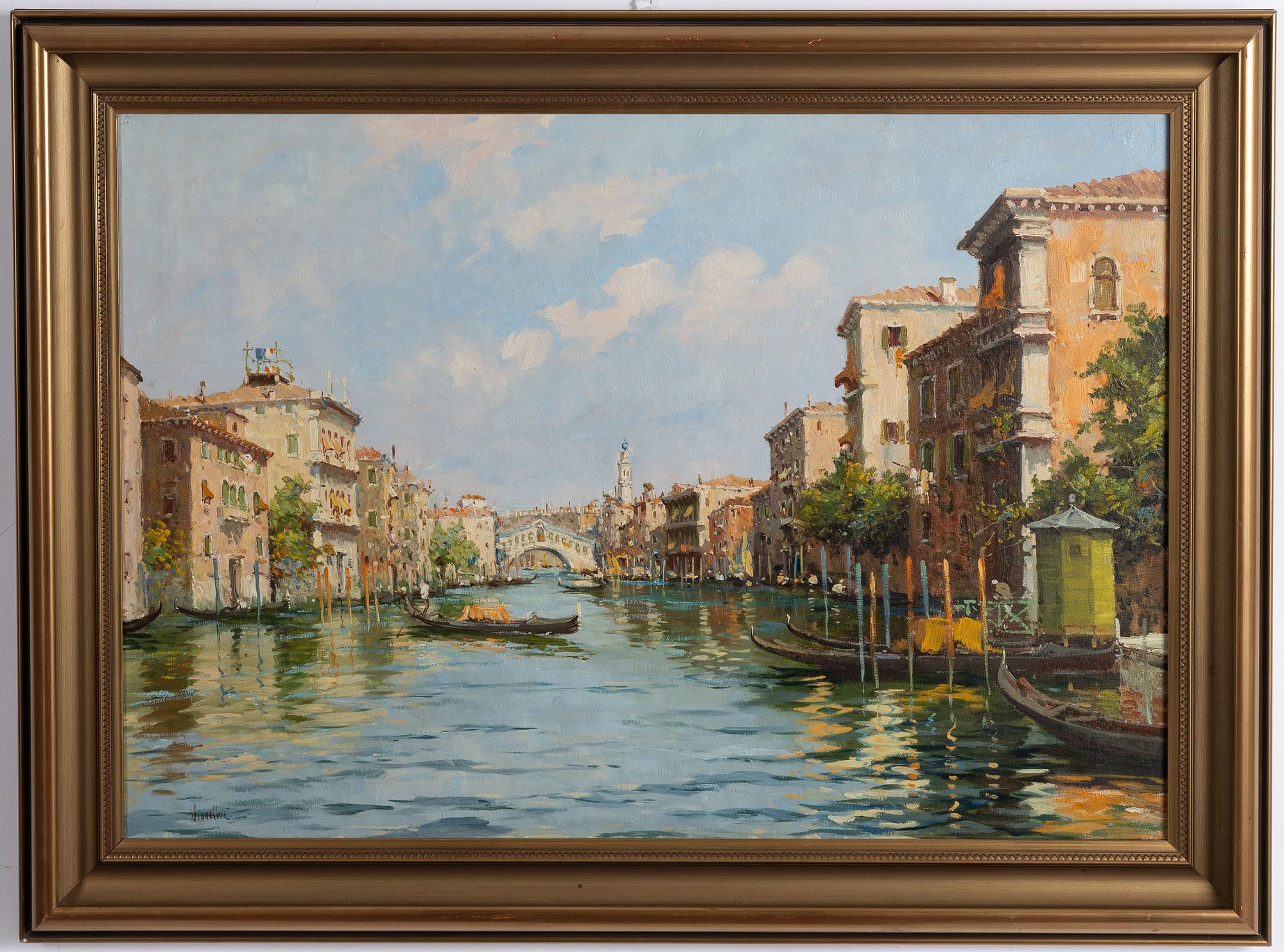 C Vianello, 18/1900-tal,  Vy från Venedig över Canal Grande och Ponte Rialto.