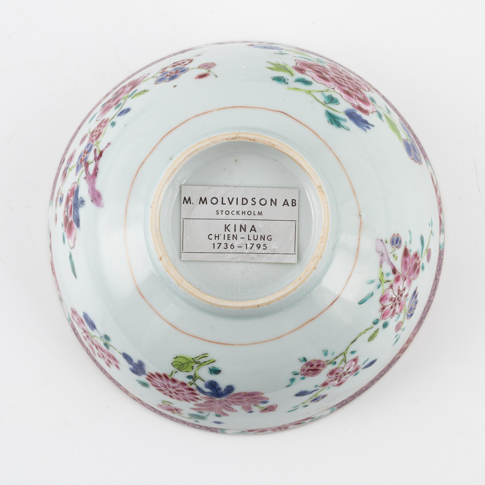 A famille rose dish, sauce boat and bowl, Qing dynasty, 18th Century.