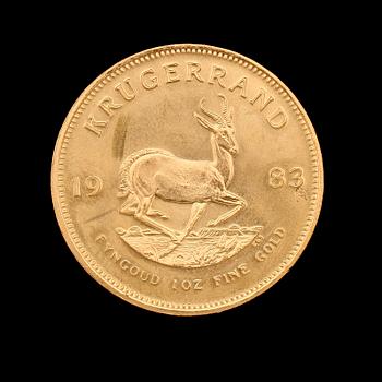 GULDMYNT, finguld, Krugerrand, Sydafrika, 1983. Vikt ca 34 g.