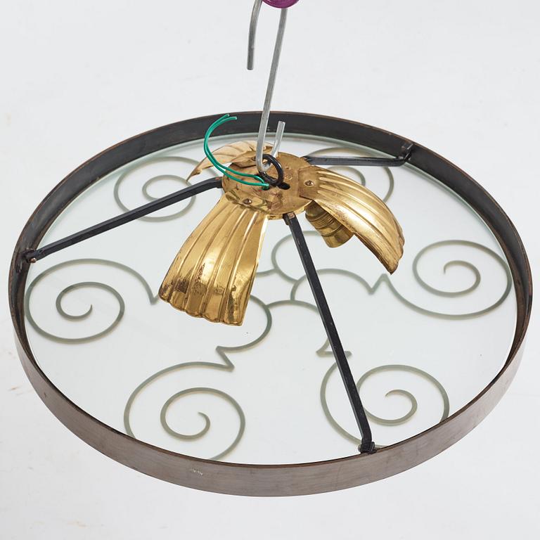Lars Holmström, a Swedish Grace brass and steel framed ceiling light, Arvika 1920-30's.