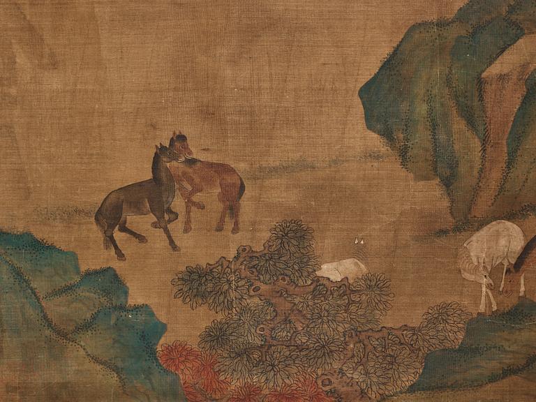 A long scroll painting after Zhao Yong (Zhao Zhongmu 1289-1369), ink and colour on paper and on silk, Qing dynasty.