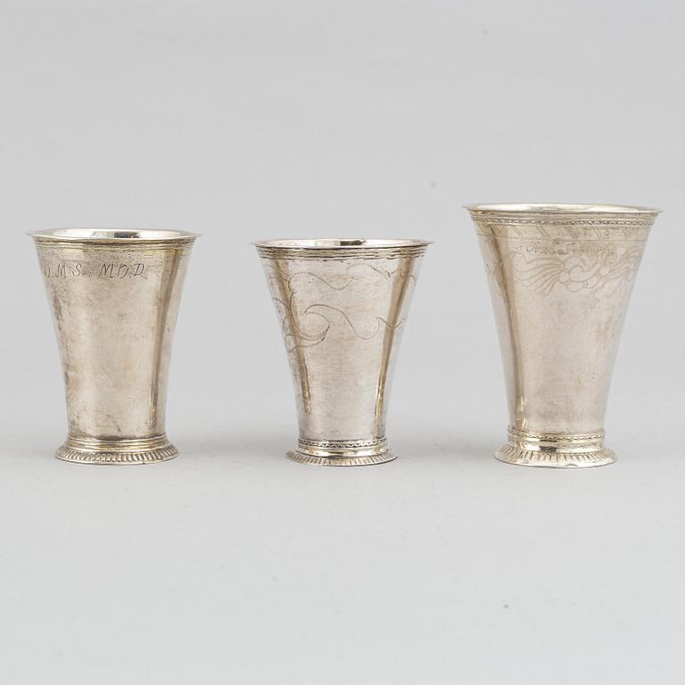 Three beakers, silver, 18th century, including Mattias Forswall, Uppsala 1775, and Johan Lorenz Starin, Stockholm, 1750.