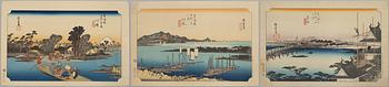 Ando Utagawa Hiroshige, after, three prints from "The Fifty-Three Stations of the Tōkaidō".