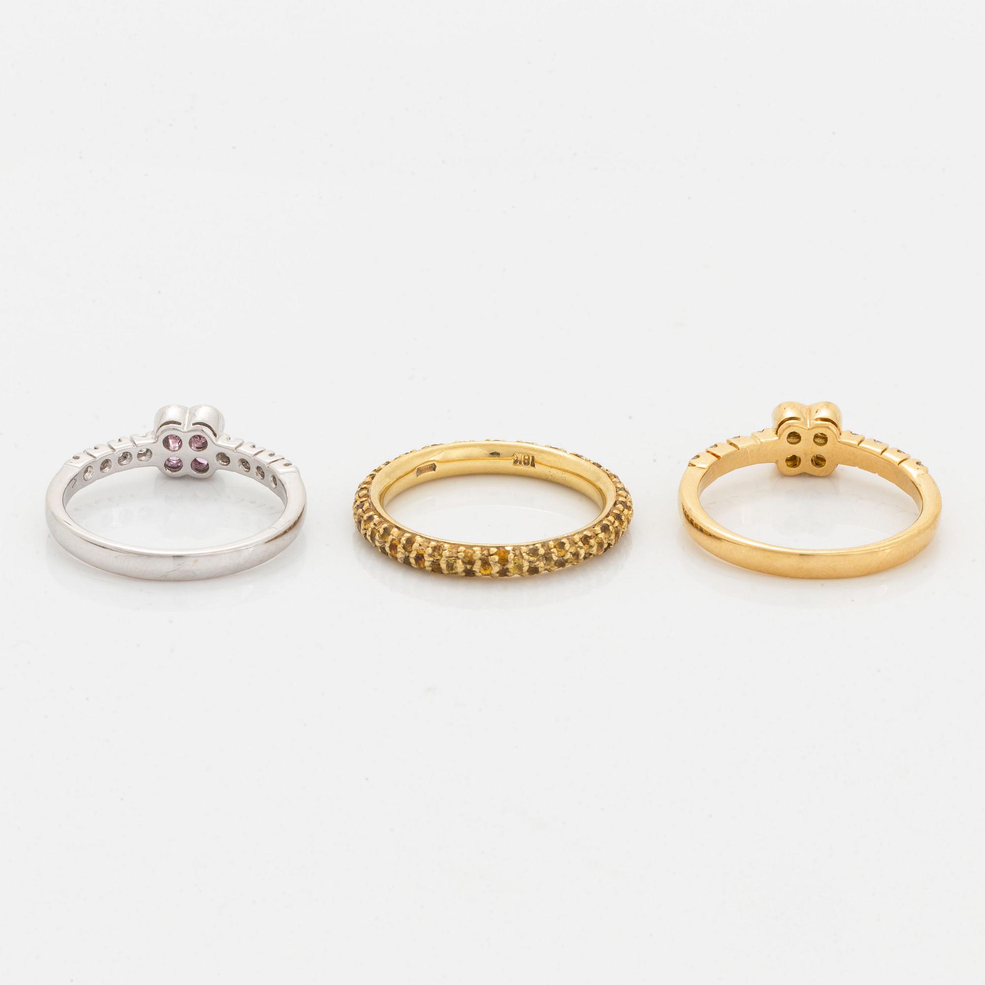 Yellow and pink sapphire and brilliant-cut diamond three rings.