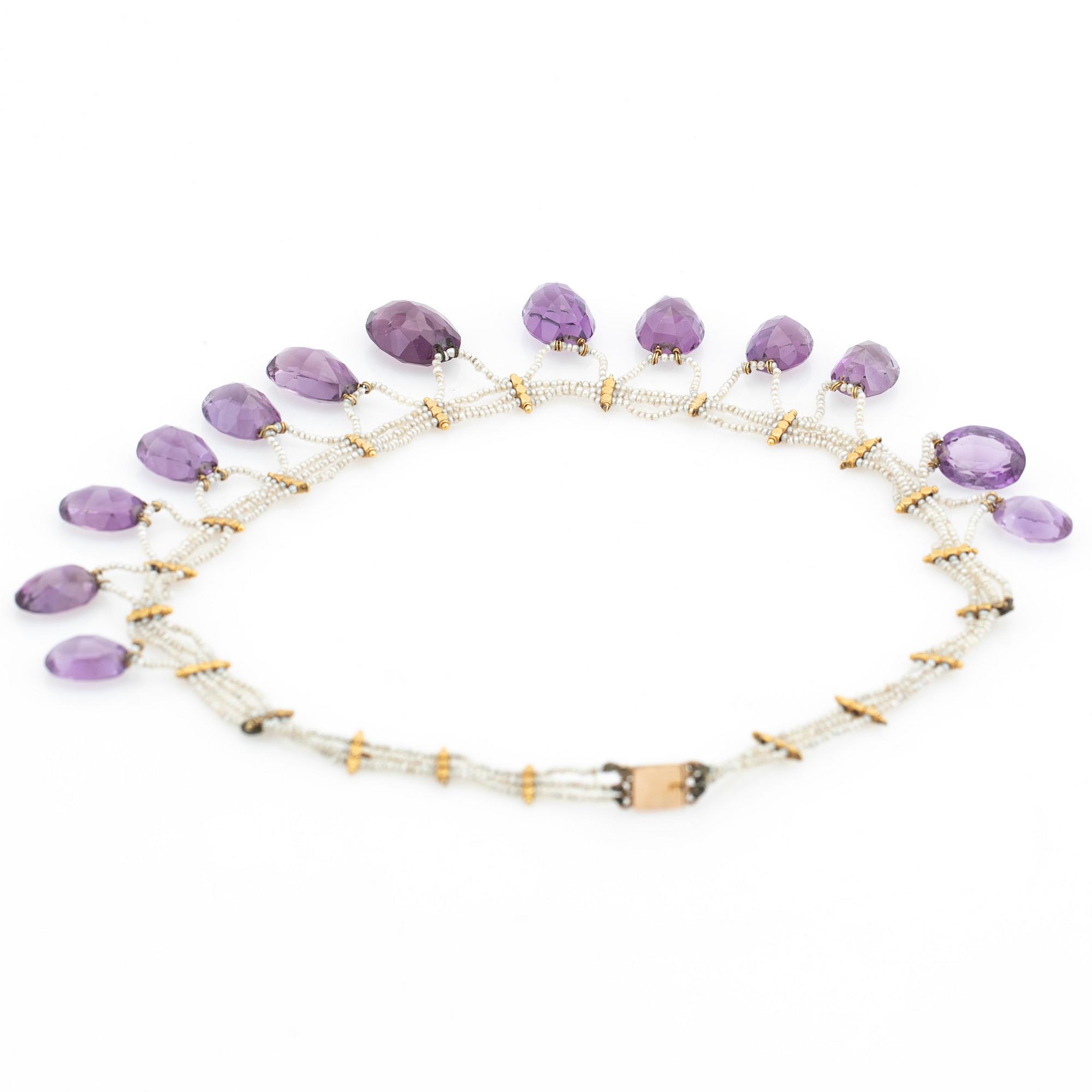 Necklace, 18k gold with amethysts and seed pearls.