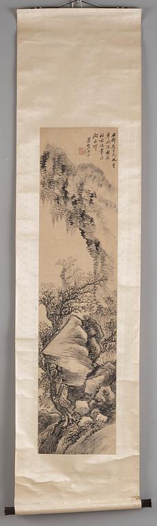 A hanging scroll of a landscape in the style of the Yuan artist Ke Jiusi, by Jiang Jun (1847-1919), signed.