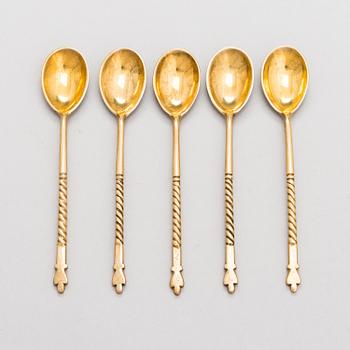 A set of eight Kubachi tea glass holders and five teaspoons, parcel-gilt silver, niello, Russia 1960s.