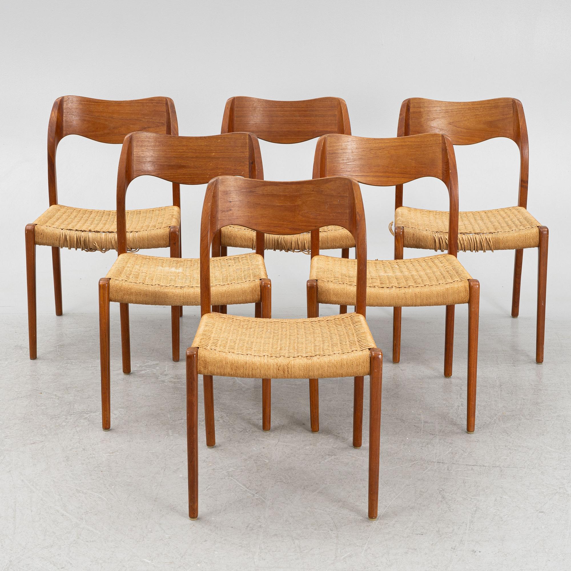 Niels Otto Møller, stolar, 6 st, modell 71, J.L. Møllers Møbelfabrik, Danmark, 1950/60-tal.