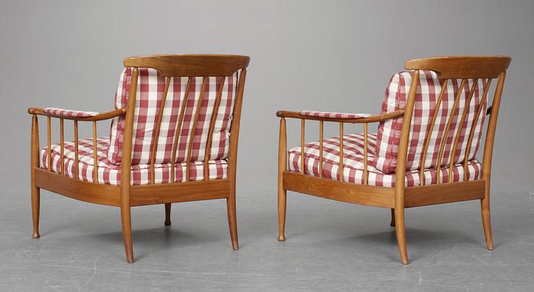 A pair of Kerstin Hörlin Holmquist mahogany easy chairs "Skrindan", OPE-möbler.