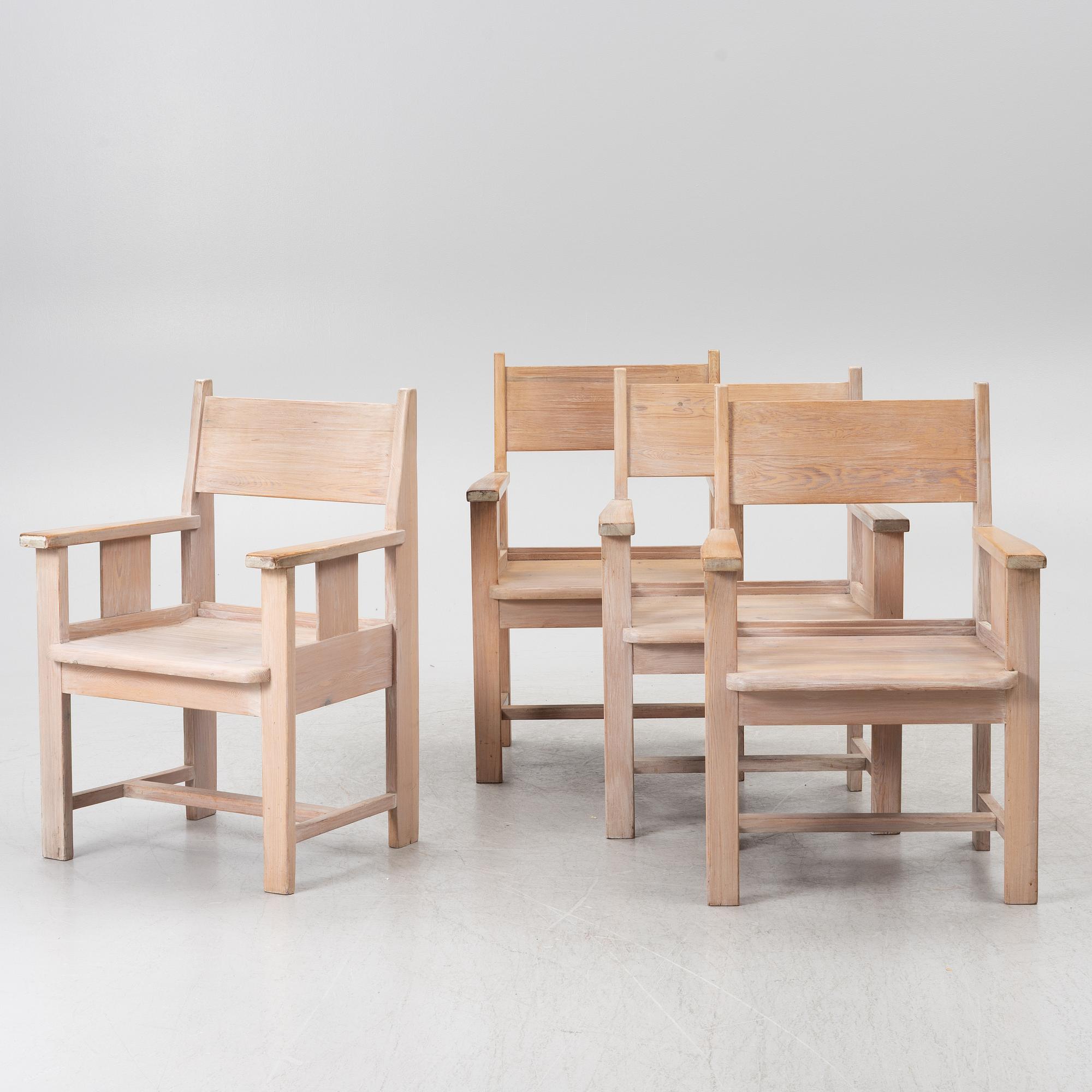 Four pine armchairs, Sweden, presumably mid20th century.