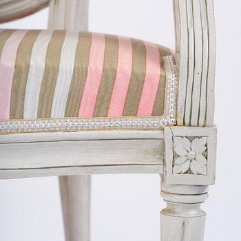 A pair of Gustavian open armchairs by E. Öhrmark (master in Stockholm 1777-1813).