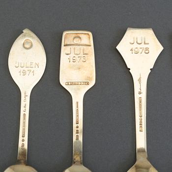 Christmas spoons, seven pieces, gilted silver, Anton Michelsen, Denmark.