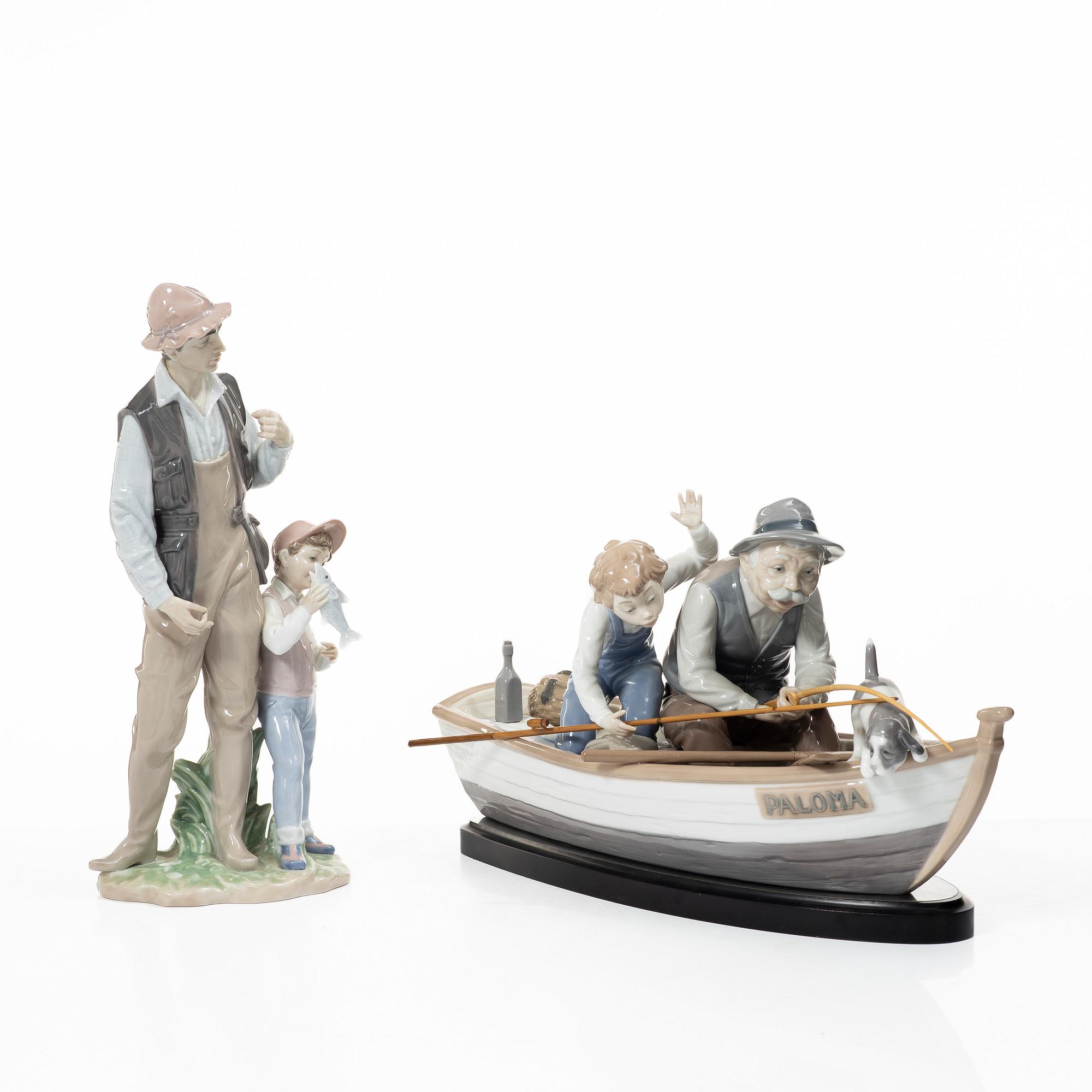Salvador Furió, figurine, "A fishing lesson", and "A father's pride", Lladró, Spain.