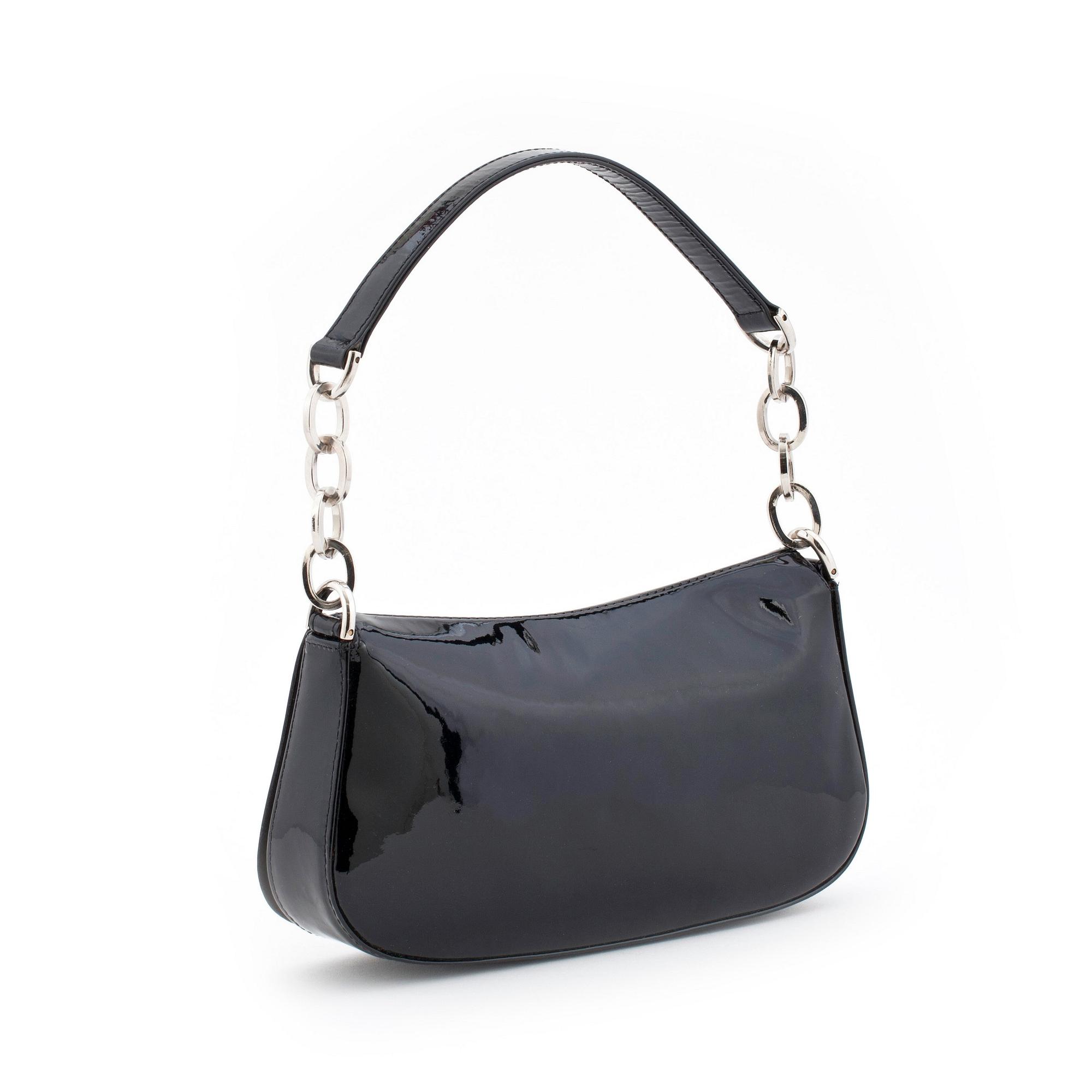 SANDRO VIACARI, a black patent leather and swarovski crystal evening bag.
