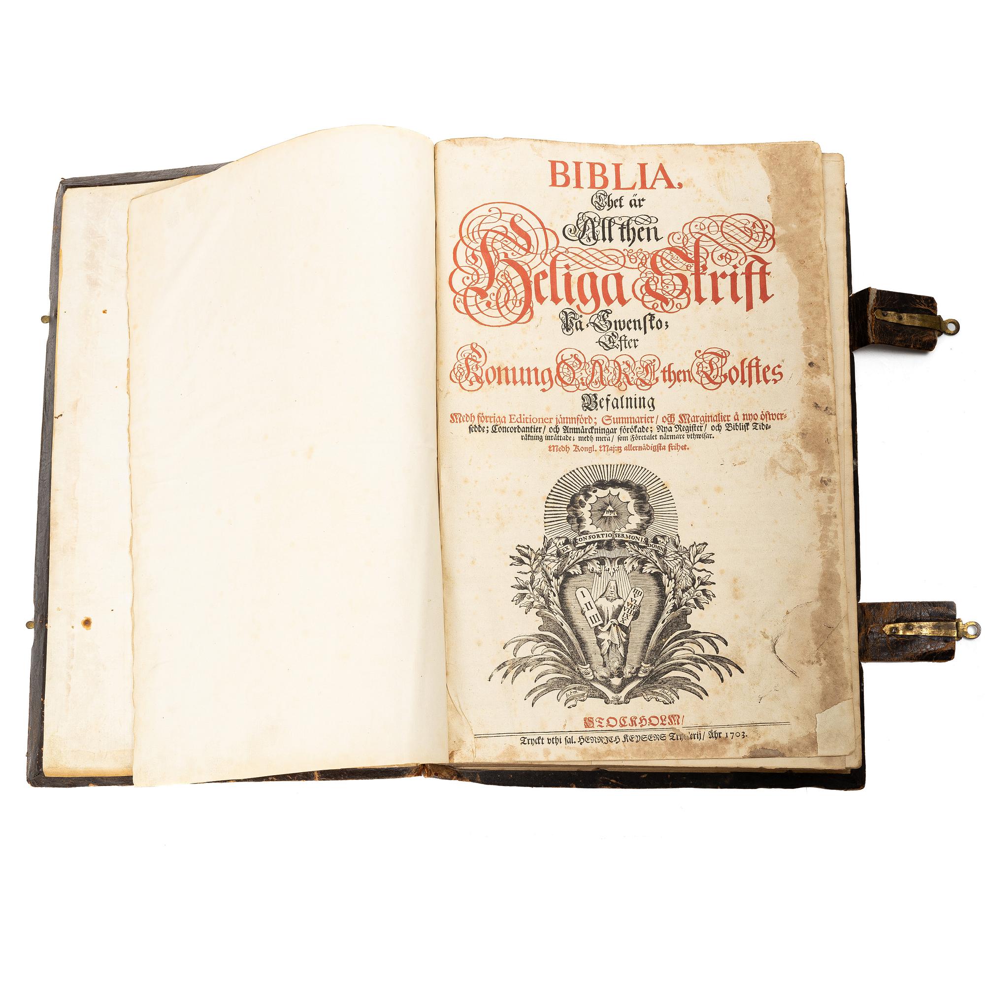 Karl XII:s stora kyrkobibel (bokstavligen i detta fall), 1702-3, Biblia, thet är all then heliga skrift på swensko.
