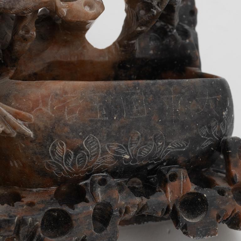 A Chinese carved soapstone brushpot and brush washer/ink well, 20th Century.